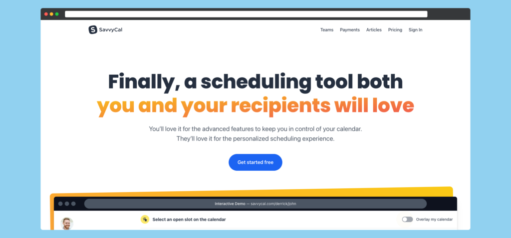 Screenshot of Savvy Cal Website on Blue Background