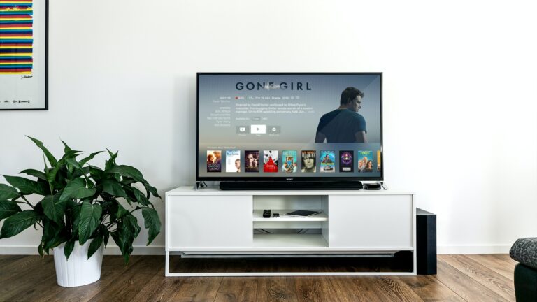 Apple TV on TV Stand with a Plant and White Background